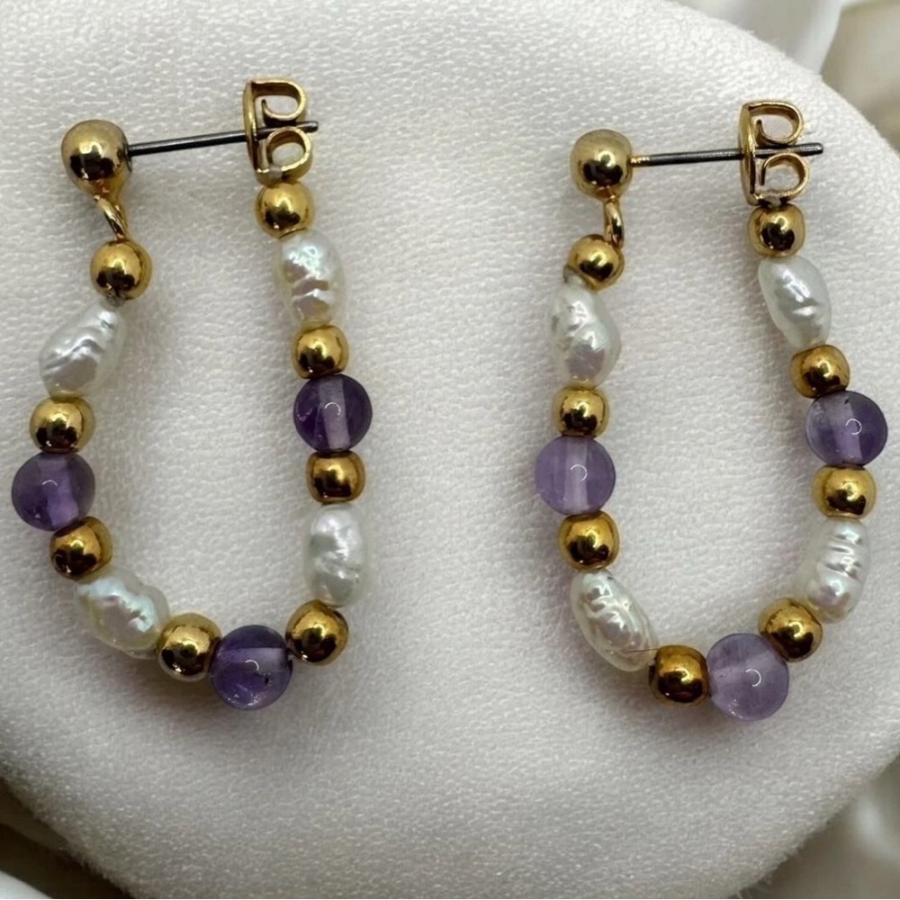 Boho Chic Gold Hoop Earrings with Amethyst & Pearls